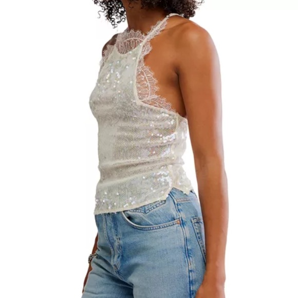 NWT Sequin Lace Halter Top Cream Free People - Picture 3 of 13
